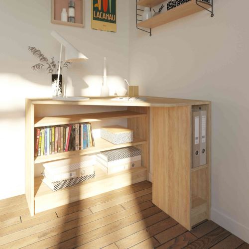 Bureau d'angle en bois effet naturel avec niche de rangement - BU6009