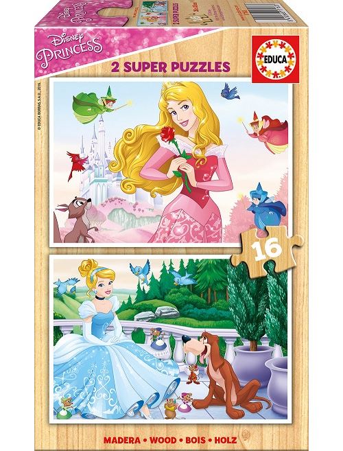 Puzzle disney en bois les princesses aurore et cendrillon - 2 x 16 pieces - educa - puzzle enfant