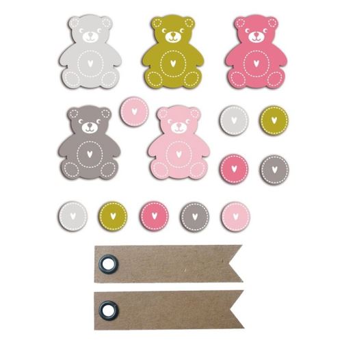 20 formes découpées nounours rose-vert-gris + 20 étiquettes kraft Fanion