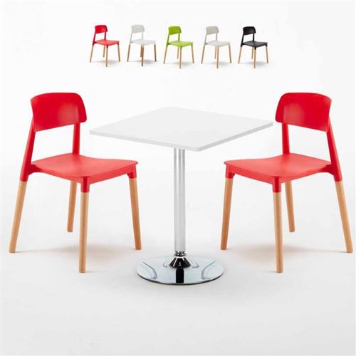 Table Carrée Blanche 70x70cm Avec 2 Chaises Colorées Set Intérieur Bar Café Barcellona Cocktail, Couleur: Rouge