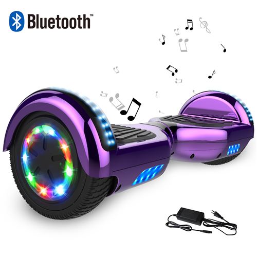 Cool&Fun Hoverboard 6.5 Pouces Certifié, avec Bluetooth et Pneu à LED de couleur- chromé violet