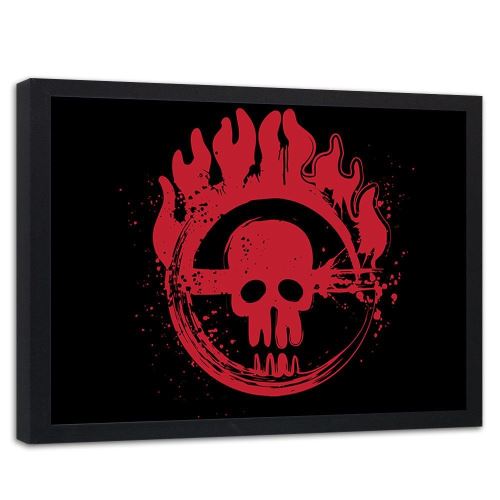 Feeby Image encadrée décorative Tableau cadre mural noir, Crâne rouge enflammé 100x70 cm