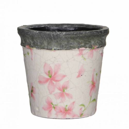 L'Héritier Du Temps - Petit cache pot etanche style champêtre aux motifs floraux roses en terre cuite emaillée 10,5x11,5x11,5cm