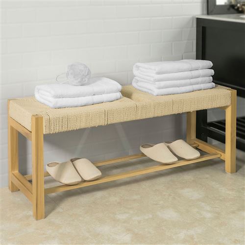 SoBuy® FSR68-N Banc à Chaussures Design Banquette Meuble d'Entrée - 2 Places avec 1 Étage de Rangement - Siège en Corde Tressée - L110cmxP36cmxH46cm