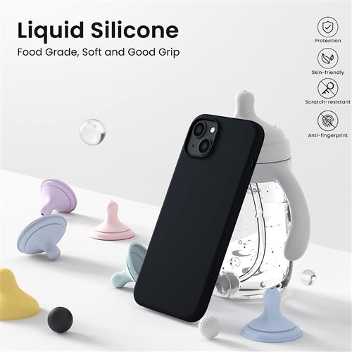 Coque pour iPhone 15 Plus - Silicone Noir + 2 Vitres Verre Trempé et 2  Protections Caméra Arrière