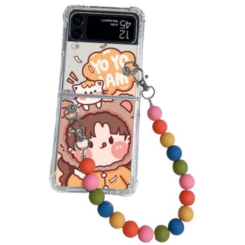 Coque pour Samsung Z Flip 3 avec Lanière Perle Frusde Design Antidérapant Transparent - Jaune