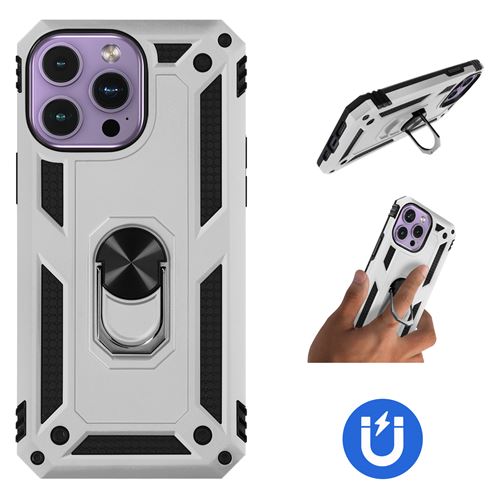 Coque pour iPhone 14 Pro Antichoc Bi-matière Bague Support Vidéo Avizar argent