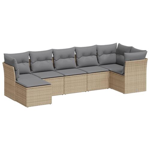  Salon de jardin vidaXL avec coussins 7 pcs beige r&eacute;sine tress&eacute;e
