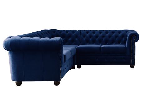 William - Canap&eacute; d'angle Chesterfield - 5 places - velours - Bleu nuit