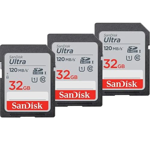 Lot de 3 SanDisk Cartes mémoire SDHC Ultra 32 Go Classe 10 Vitesse de transfert jusqu'à 120 Mo/s