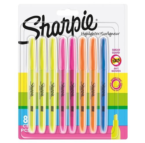 SHARPIE Pocket accent - 8 Surligneurs - Jaune, Rose, Orange, Bleu - Pointe biseautée - sous blister