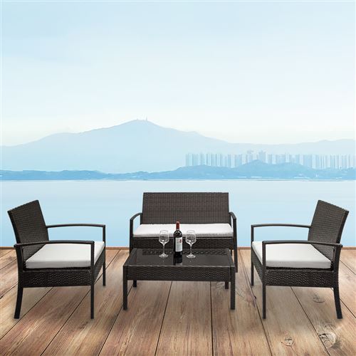 4-pcs set Salon de Jardin en résine tressée , Salon d'exterieur Mobilier de Balcon Patio Ensemble de Canapé, Coussins,Table