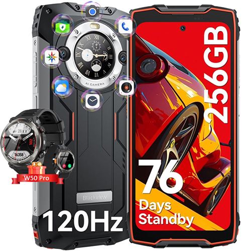 Blackview BV9300 Pro Téléphone Portable Incassable Double Écran 6.7 16Go+256Go 64MP Orange avec Smartwatch Blackview W50 Pro
