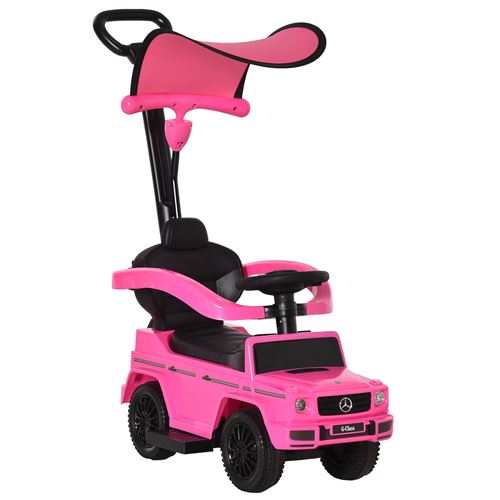 HOMCOM Porteur enfants voiture enfant multi-&eacute;quip&eacute;e 12-36 mois klaxon marche-pieds, garde-corps et ombrelle rose