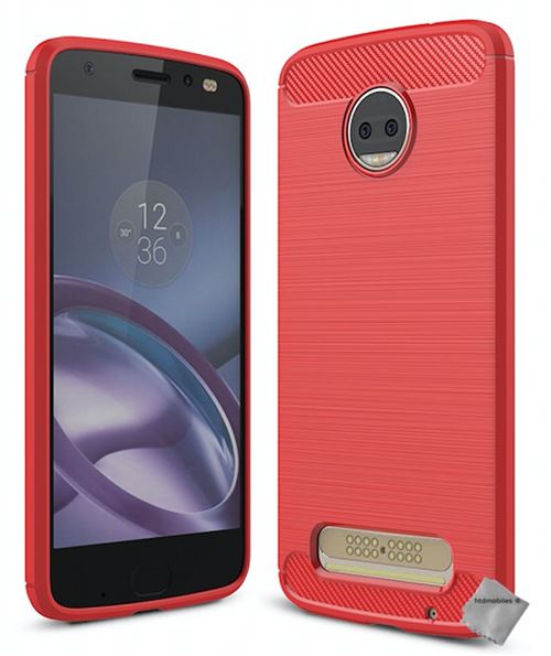 Housse etui coque silicone gel carbone pour Motorola Moto Z2 Force avec verre trempe - ROUGE