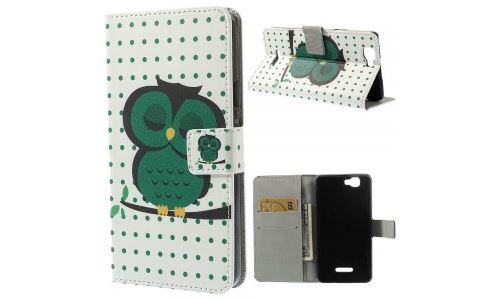 Etui type portefeuille chouette verte pour Wiko Rainbow avec rabat latéral articulé fonction stand