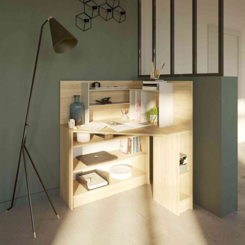 Bureau d'angle en bois coloris naturel avec niche de rangement - BU6011