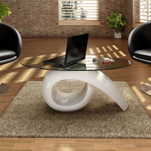 Table basse avec dessus de table en verre ovale Blanc brillant Vidaxl Blanc