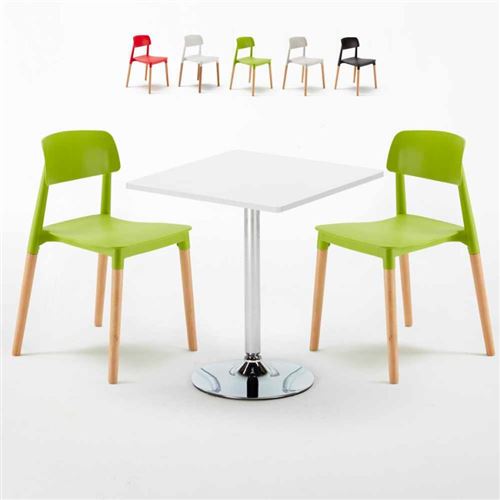Table Carrée Blanche 70x70cm Avec 2 Chaises Colorées Set Intérieur Bar Café Barcellona Cocktail, Couleur: Vert