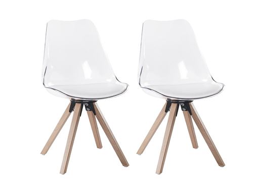 Lot de 2 chaises LOVA - Polycarbonate et Hêtre - Blanc & transparent