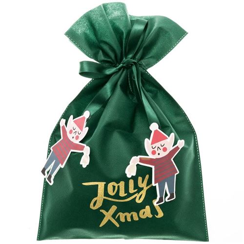 Grand Sac Cadeau en tissu Vert - Jolly Xmas - 30 x 45 cm