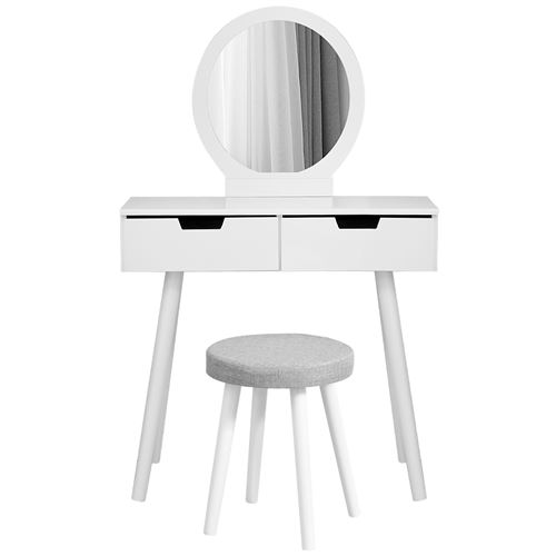 Coiffeuse meuble avec miroir, tabouret et 2 tiroirs, en MDF et bois de pin , blanc HOMBUY