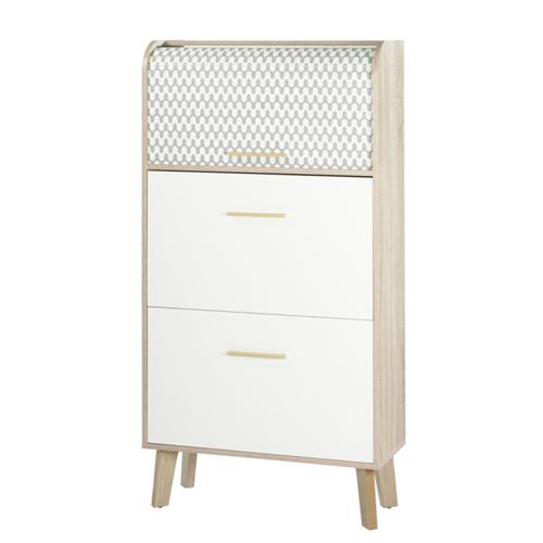 Meuble &agrave; chaussure vintage en bois avec tiroir blanc et rideau coulissant HAPPY