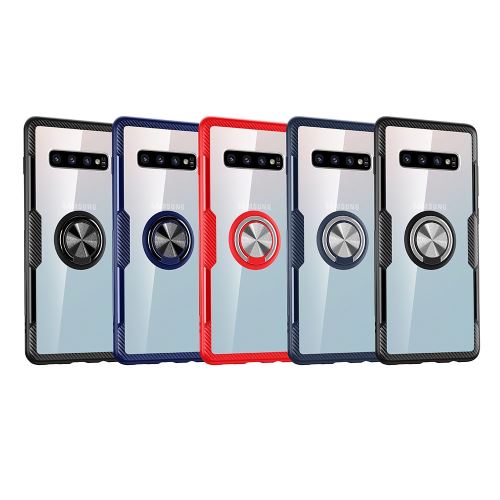 Coque en TPU finger ring kickstand en verre hybride avec plaque magnétique intégrée tout noir pour votre Samsung Galaxy S10