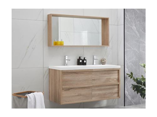 Ensemble meuble de salle de bain avec double vasque et miroir QUADRA - effet bois 120 cm