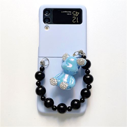 Coque pour Samsung Z Flip 3 avec Lanière Frusde Pliable avec Pendentif Ours Anti-chute - Bleu