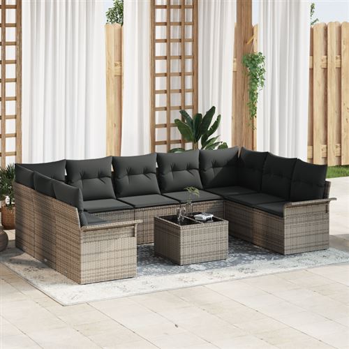 Non Communiqué Noir/Gris Ensemble De Canapé De Jardin 9 Pièces Avec Coussins Poly Rattan, Canapé De Jardin 2 Places Avec Rangement Et Coussins