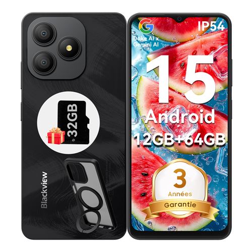 BLACKVIEW Wave 9C Phone, Android 15, Smartphone 5000mAh, Octa-Core 12GB+64GB/SD 2TB Expand, 6.56"" HD, 4G - Noir