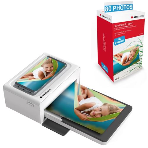 Agfa Photo Pack Imprimante Realipix Moments + Cartouches Et Papiers 80 Photos Supplementaires - Impression Bluetooth Photo 10X15 Cm Smartphone Apple Et Android, 4Pass Sublimation Thermique - Blanc