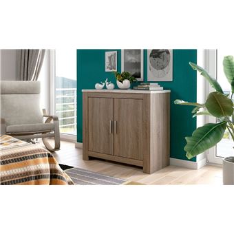 Meuble bas, meuble de rangement 2 portes coloris chêne truffé, blanc  vieilli - Longueur 99,5 x profondeur 45 x hauteur 90,50 cm