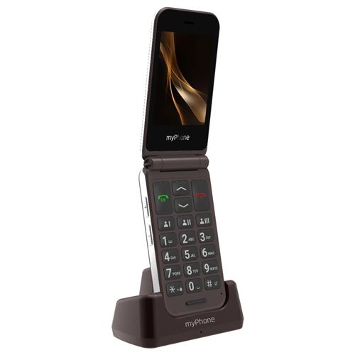 Téléphone Clapet Senior Double écran Autonomie 7 jours Socle de charge myPhone Marron
