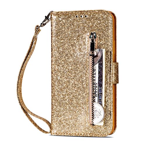 Coque en Cuir Pour Samsung Galaxy S22+ Frusde Brillant Etui avec Dragonne et Porte Carte-Or