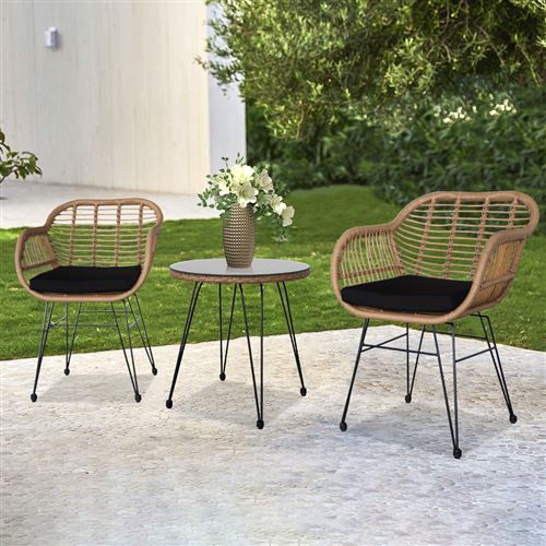VICOODA Ensemble de Table de Jardin 3 pcs, Chaise en Osier tissé à la Main , Table d'appoint en Verre, Coussin imperméable