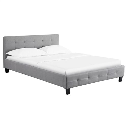 Lit double MATHIEU, 140 x 190 cm, capitonn&eacute; avec sommier, rev&ecirc;tement en tissu gris