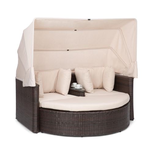 Blumfeldt Heartland Canapé lounge de jardin 2 places avec tabouret , table & parasol pliable , charge 160kg - Polyrotin - Ecru