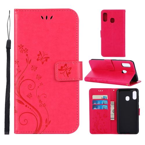 Etui en PU fleurs de papillon rouge pour votre Samsung Galaxy A30/A20