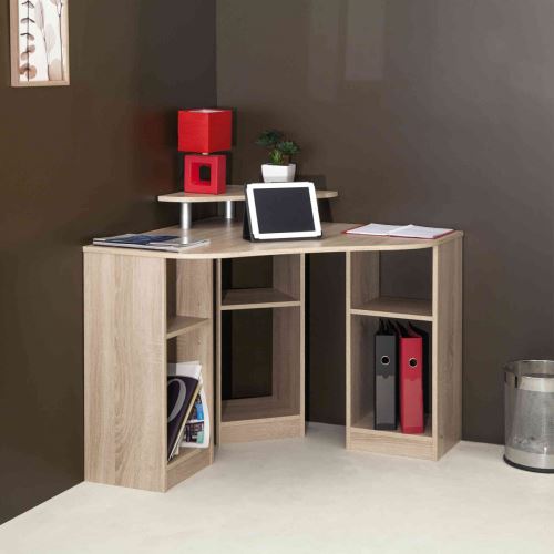 Bureau d'angle en bois naturel avec niche de rangement - BU6013