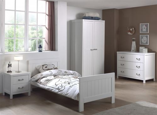 Lit 90x200 - Chevet 2 tiroirs et Armoire 2 portes Lewis - Blanc
