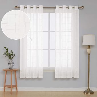 Deconovo Lot de 2 Voilage Blanc Transparent en Effet Lin Rideaux Voile Brodé Motif Geometrique Losange à Oeillets 140x290cm pour Decoration Chambre Bebe 