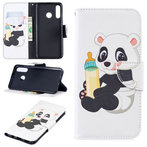 Etui en PU impression de motifs avec support panda tenant une bouteille pour votre Huawei P30 Lite