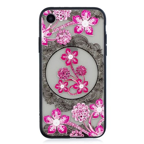 Coque en TPU dentelle 3D décor strass hybride fleur rose pour votre Apple iPhone XR 6.1 inch