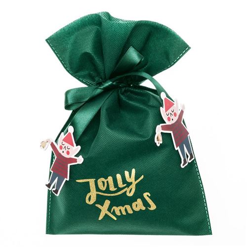 Petit Sac Cadeau en tissu Vert - Jolly Xmas - 20 x 30 cm