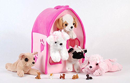 Étui de transport Unipak 12 en peluche pour chien rose avec cinq (5) chiens en peluche (caniche rose, carlin, chihuahua, beagle et terrier blanc) + bonus gratuit cinq figurines de petit chiot