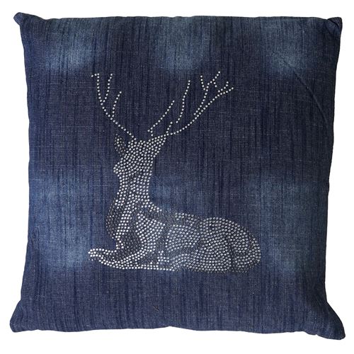 Coussin de d&eacute;coration cerf bleu avec pierres scintillantes 45x45cm