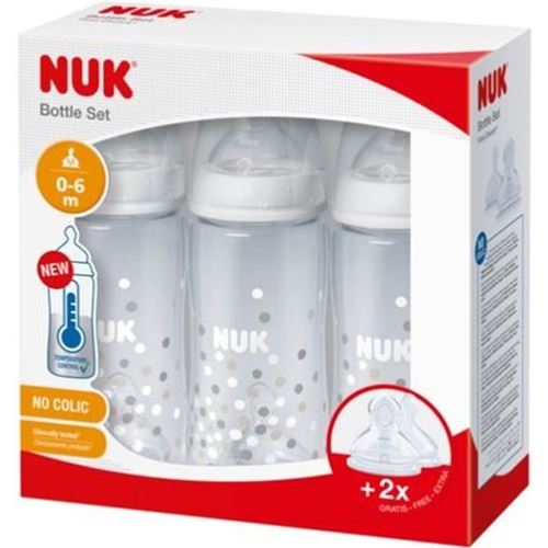 NUK Lot 3 biberons First Choice+ Temperature Control + 2 tétines 0-6M