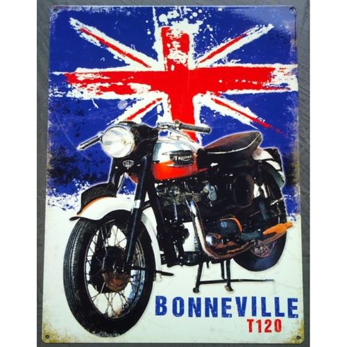 plaque triumph bonneville t120 sur drapeau anglais tole pub